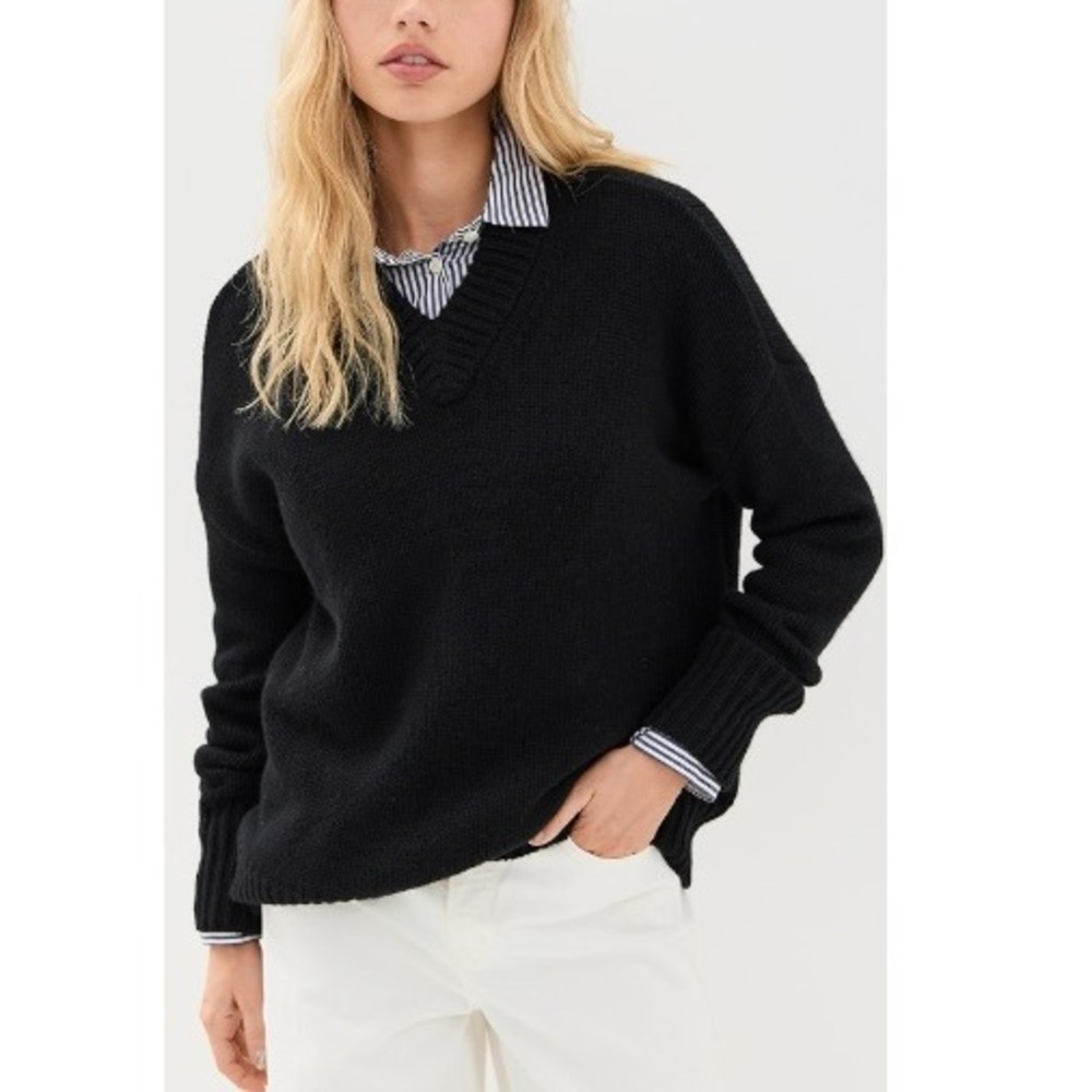 La Ligne Women's Black Solid Marin V Neck Oversized Knit Sweater Size L NWT